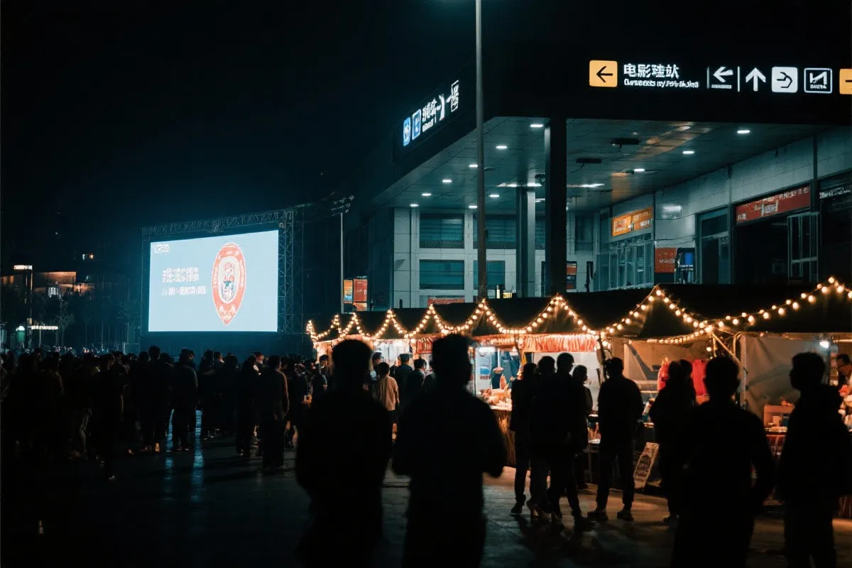 费城球迷广场夜景：大屏观赛人群、步行指示牌与公共交通入口